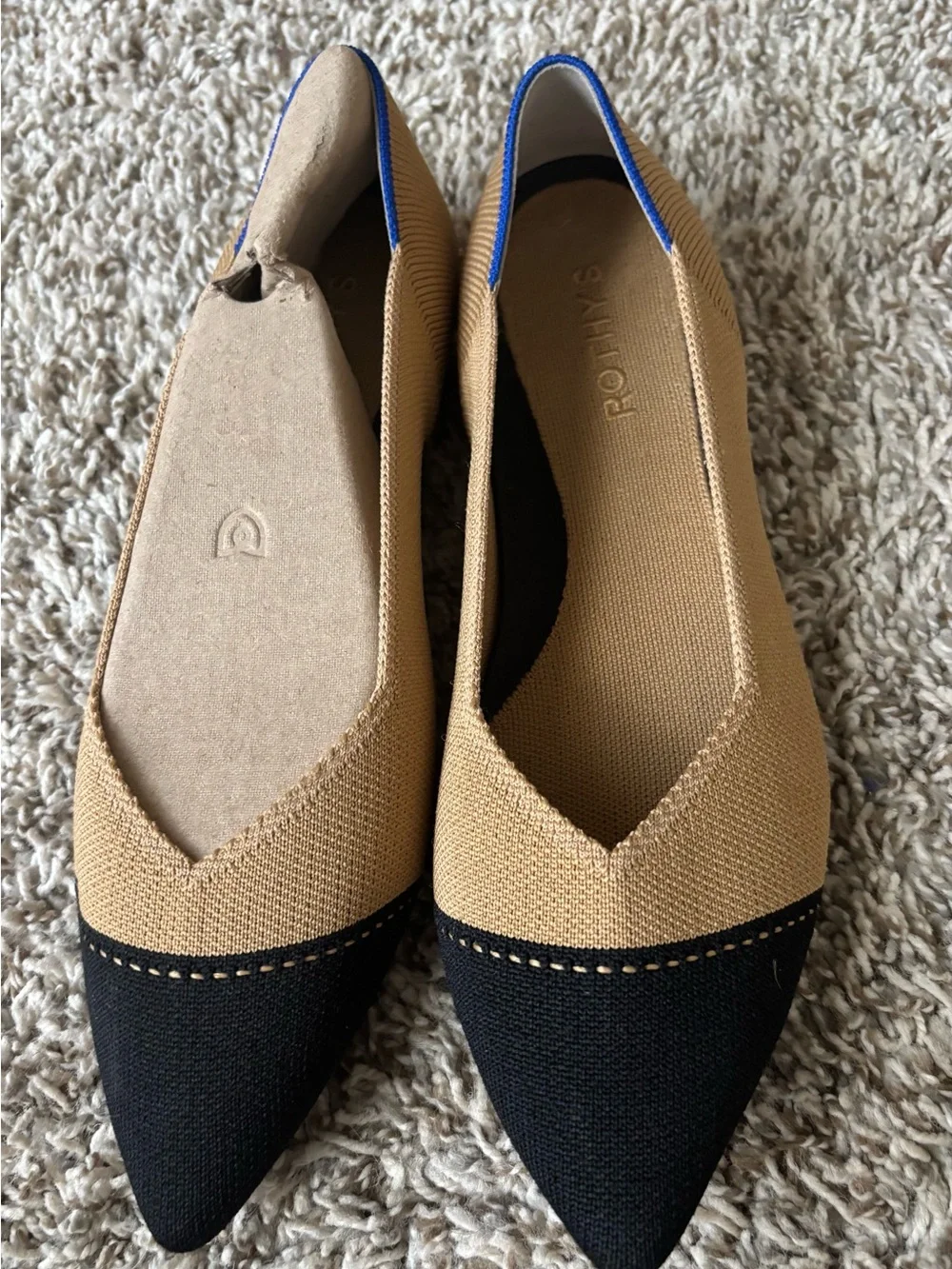 Rothy's Two-Tone Pointed Flats — Tan Upper with Black Cap nwot 9.5